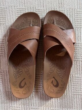 OluKai Brown Leather Crossover Slide Sandals